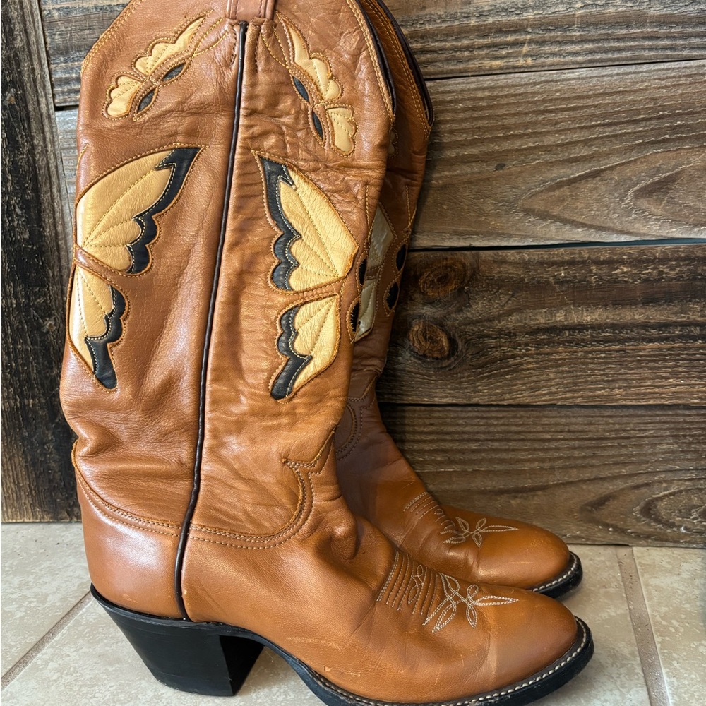 Unique Vintage Brown and Yellow Heeled Boots with Intricate Stitching